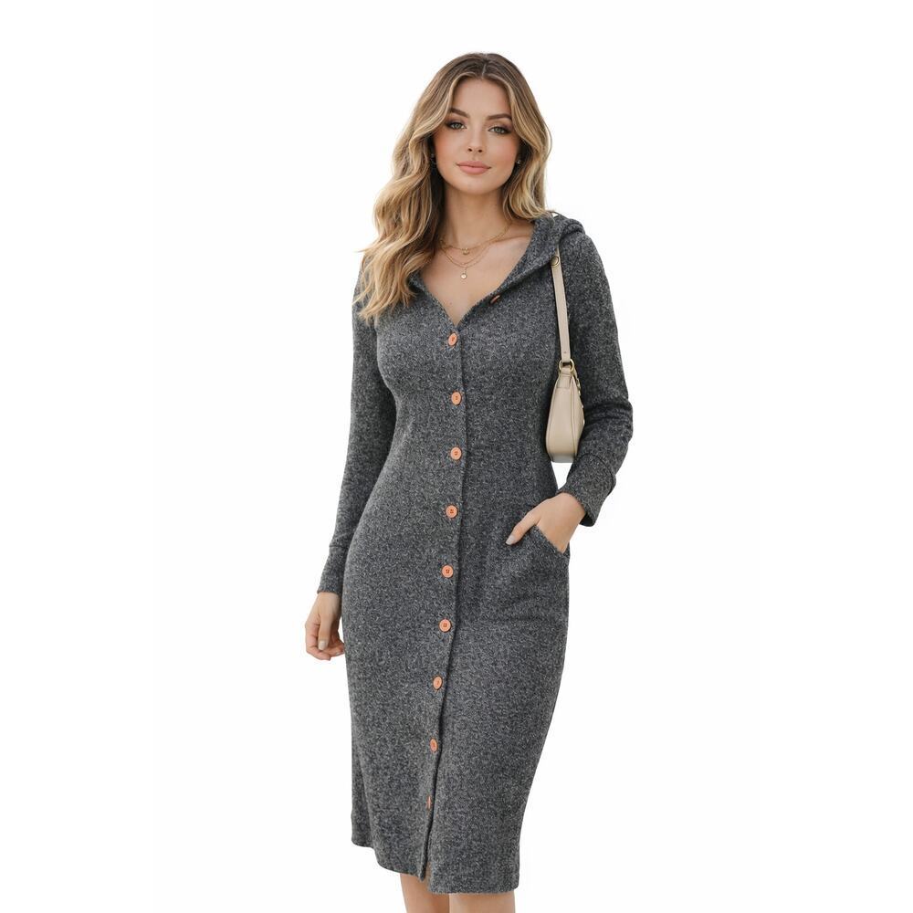 Forever 21 Hooded Knit Midi Dress Gray Button Front Wool Blend Cottagecore S